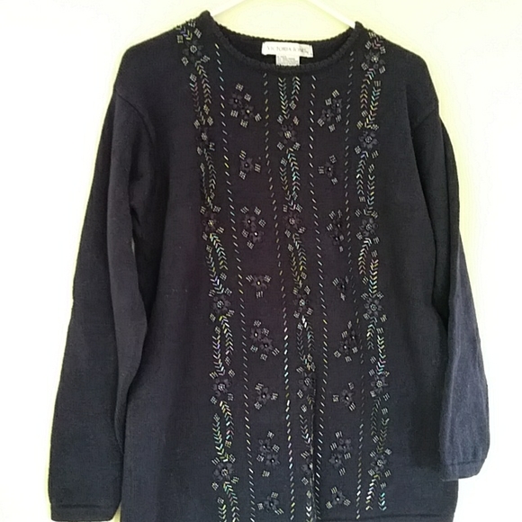 Victoria Jones Beaded Floral Tunic Sweater L Navy Blue - Picture 6 of 16